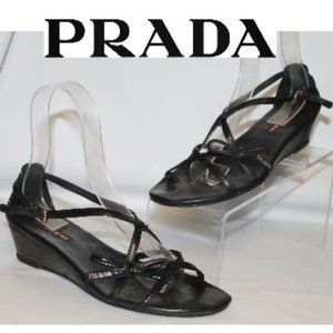 Auth Prada Wedge Heel Side Logo Bow Sandals Shoes